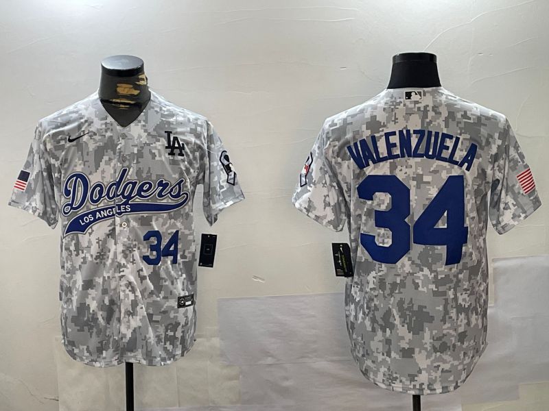Men Los Angeles Dodgers 34 Valenzuela Camo Joint Name 2024 Nike MLB Jersey style 2